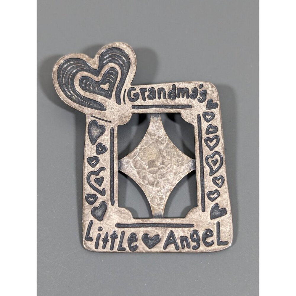 Vintage Two‎ Hands Grandmas Angel Heart Picture Frame Pin Brooch Silver Tone